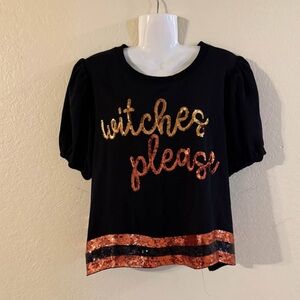 Peach Love Black Halloween Top with Gold and Orange Sequins Witches Please